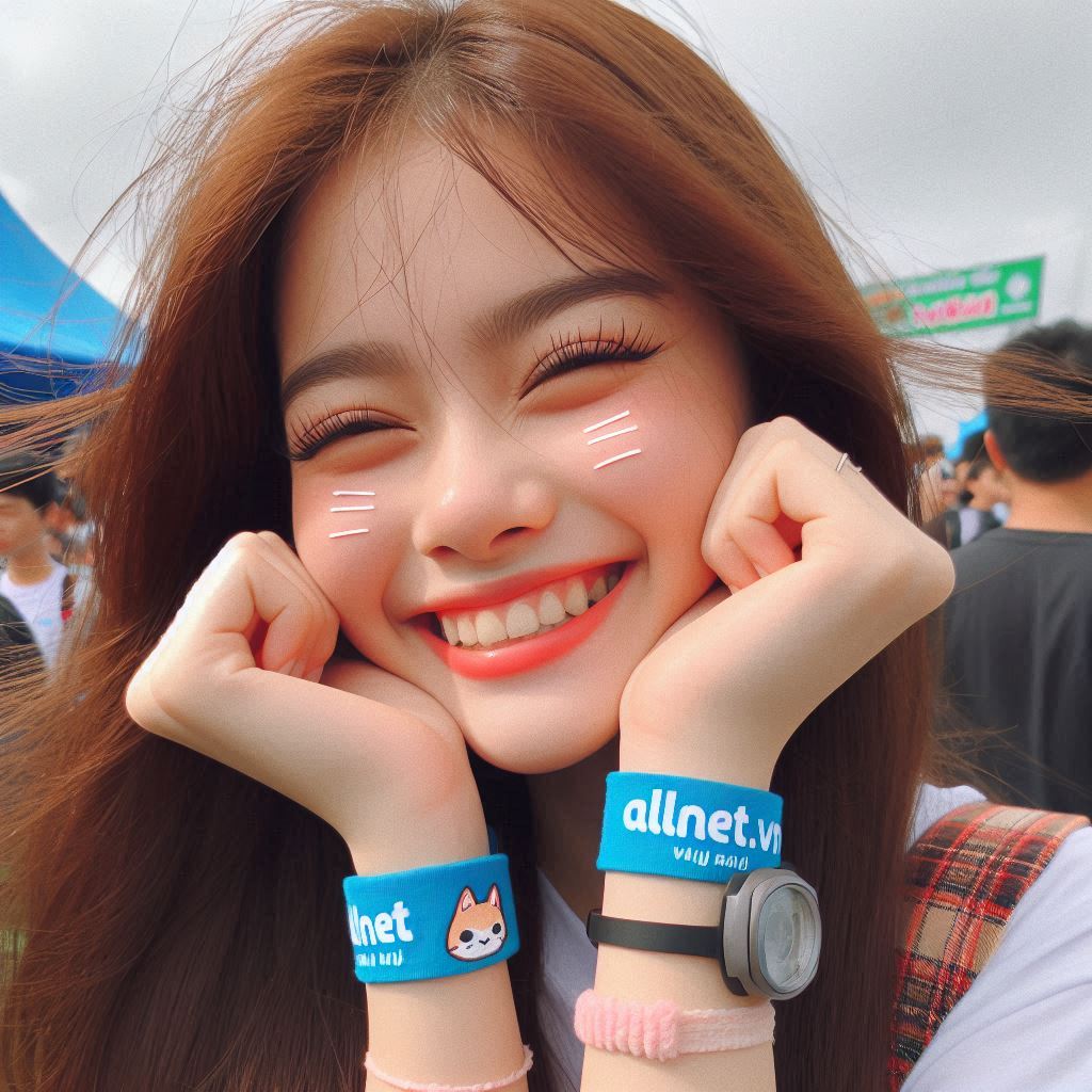 a very happy girl smiling with the logo allNET.vn on her wrist and on her shirt